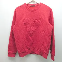◇ GUESS ゲス エンボス加工 クルーネック 裏起毛 ブランドロゴ シンプル 長袖 トレーナー サイズL レッド系 レディース E  【1306140012200】