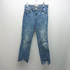 ◇ ZARA ザラ ダメージ オールシーズン デニム 綺麗め カジュアル ストレートパンツ サイズM ブルー レディース E  【1306140024777】