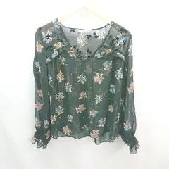 ◇ ZARA BASIC ザラ ベーシック 花柄 ドット 透け感 上品 Vネック フリル 長袖 ブラウス サイズL ブラック レディース E  【1306140026986】