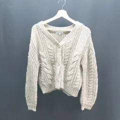 ◇ GLOBAL WORK Vネック ニット ケーブル編み ショート丈 暖かい 長袖 カーディガン サイズL ベージュ レディース E  【1306140026900】
