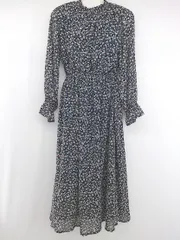 ◇ E hyphen world gallery 花柄 プリント 長袖 膝下丈 ワンピース サイズF ネイビー レディース P  【1306160000034】