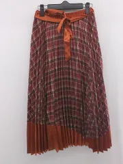 ◇ ◎ axes femme 光沢 サテン調 チェック ロング プリーツ スカート サイズM オレンジ ボルドー系 レディース P  【1306160006975】