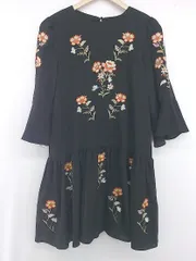 ◇ mysty woman 花柄 刺繡 フレアオトナ女子 七分袖 ミニ ワンピース サイズF ブラック マルチ レディース P  【1306160009983】