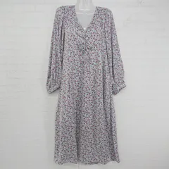 ◇ w closet Vネック シャーリング 花柄 長袖 膝下丈 ワンピース サイズF ライトブルー パープル系 レディース E  【1306160024108】