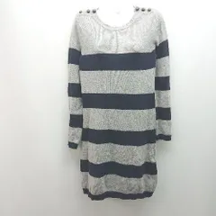◇ ZARA KNIT ザラ カジュアル ボーダー ネイビー ニット 飾りボタン 長袖 ミニ丈 ワンピース サイズM グレー レディース E  【1306190001018】