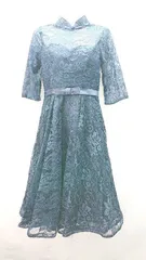 ◇ ノーブランド ドレス レース 花柄 フォーマル カップ付き 七分袖 ミディアム ワンピース サイズM ネイビー レディース E  【1306190002756】