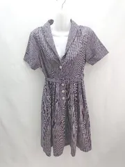 ◇ an another angelus チェック柄 フロントボタン ギャザー 半袖 ロング ワンピース サイズF パープル レディース E  【1306190006808】