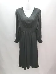 ◇ MOUSSY Vネック ウエスト切り替え きれい系 ワントーン 長袖 ロング丈 ワンピース サイズ1 ブラック レディース E  【1306190015053】