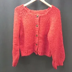 ◇ 関西ファッション連合 ニット生地 厚手 丈短め フロントボタン 長袖 カーディガン サイズF レッド レディース E  【1306190016845】