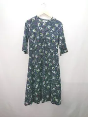 ◇ GoldenBear Vネック フロントボタン 花柄 裏地なし 七分袖 ロング丈 ワンピース サイズM ネイビー系 レディース E  【1306190034078】