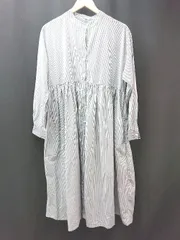 ◇ coca ストライプ ウエストマーク ノーカラー 長袖 ロング丈 ワンピース サイズF ブルー/ホワイト レディース E  【1306190035082】