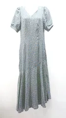 ◇ junoah 花柄 バックリボン サイドファスナー ガーリー 半袖 ロング丈 ワンピース サイズM ブルー レディース E  【1306190039868】