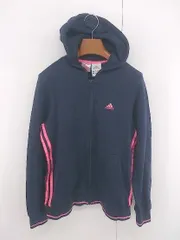 ◇ adidas アディダス スリーストライプ パフォーマンスロゴ 長袖 パーカー サイズ170 ネイビー ピンク レディース E  【1306210004524】