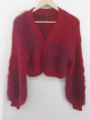 ◇ Heather ヘザー 切替 ウール混 ショート丈 長袖 ニット カーディガン レッド系 レディース E  【1306240008479】