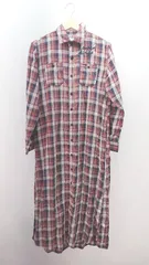 ◇ lowrys farm シャツ チェック柄 胸ポケット カジュアル 長袖 ロング丈 ワンピース サイズL レッド レディース E  【1306260000750】