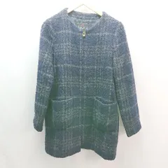 ◇ the original simplicite ノーカラー ファスナー 起毛生地 秋冬 長袖 コート サイズ40 ネイビー/グリーン レディース E  【1306260004345】