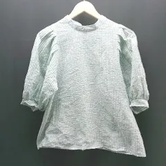 ◇ CLASSICAL ELF ストライプ パフスリーブ ノーカラー 半袖 ブラウス サイズL ライトグリーン/ホワイト レディース E  【1306260011114】