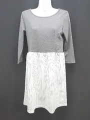 ◇ ◎ ●未使用● ROPE' PICNIC 丸襟 スカートストライプ 長袖 ひざ丈 ワンピース サイズ38 グレー/ホワイト レディース E  【1306260016546】