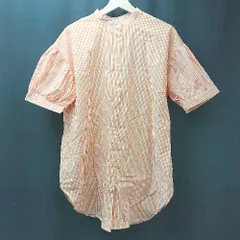 ◇ Discoat ディスコート ストライプ柄 パフ袖 バンドカラー ロング丈 半袖 シャツ サイズF オレンジ レディース E  【1306260017888】