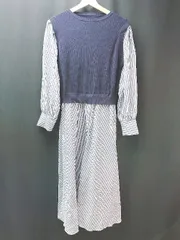 ◇ ViS Uネック 切り返し 異素材 ストライプ柄 ケーブル 薄手 長袖 ロング丈 ワンピース サイズF ネイビー系 レディース E  【1306260019882】