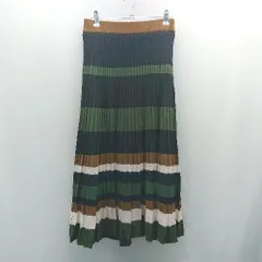 ◇ n'OrLABEL ニット ボーダー ブラウン グリーン ウエストゴム ロング丈 フレア スカート サイズ1 ネイビー レディース E  【1306260022851】