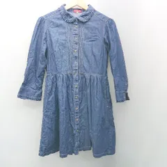 ◇ earth music&ecology デニム素材 襟フリル 可愛い 1枚コーデ 長袖 膝丈 ワンピース サイズM ブルー系 レディース E  【1306260028877】