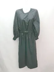 ◇ LOWRYS FARM 無地 ウエストゴム ベルト付きラウンドネック 長袖 ロング ワンピース サイズFREE ブラック レディース E  【1306260029690】