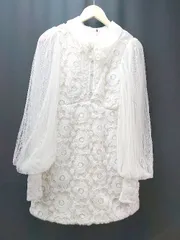 ◇ ノーブランド バックファスナー スパンコール 袖レース 長袖 ミニ ワンピース サイズM ホワイト レディース E  【1306260034625】