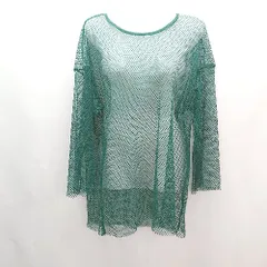 ◇ kutir クティール Uネック 格子模様 透け感 薄手 ストレッチ シンプル 五分袖 シースルー サイズF グリーン メンズ E  【1306260037961】