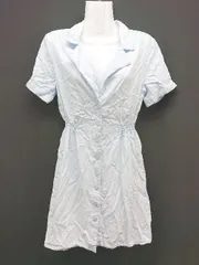 ◇ ZARA ザラ Vネック ウエストゴム ボタン 薄手 シンプル オシャレ 半袖 膝丈 ワンピース サイズS ブルー レディース E  【1306260038142】