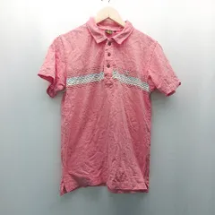 ◇ AIGLE エーグル ボタン 刺繡 ブランドロゴ ボーダー柄 シンプル オシャレ 半袖 ポロシャツ サイズM ピンク メンズ E  【1306260039453】