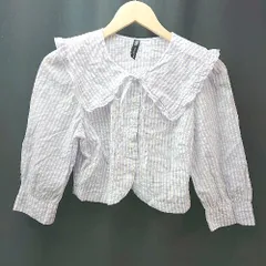 ◇ ZARA ザラ ボーダー柄 フロントリボン フリル ガーリー きれいめ 長袖 シャツ サイズS ブルー/ホワイト レディース E  【1306260042637】