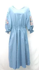 ◇ Ray BEAMS レイビームス ウエストゴム 刺繍 花柄 華やか 長袖 ロング丈 ワンピース サイズ表記なし ブルー レディース E  【1306260042460】