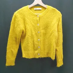◇ ZARA リブ編み クルーネック フロントボタン かわいい 長袖 ニットカーディガン サイズUSA M イエロー レディース E  【1306260043641】