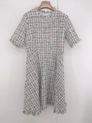 ◇ CHICWISH チェック フリンジ 香港 五分袖 膝丈 ワンピース サイズL アイボリー ブラック系 レディース E  【1306270006766】