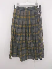 ◇ JUNOAH バックウエストゴム チェック プリーツ 膝下 キルト スカート サイズ L グレー イエロー ネイビー レディース E  【1306270008623】