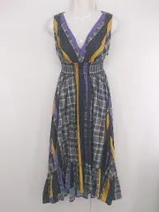 ◇ SPIRALGIRL チェック ドット 水玉 切替 ノースリーブ ロング ワンピース サイズF グレー マルチ レディース E  【1306270010947】