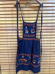 日本輸入 ハンドメイド ブルー コットン刺繍エプロン コットンエプロン