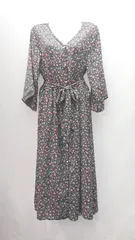 ◇ ◎ A day in the life Vネック ウエスト切替 花柄 七分袖 ロング丈 ワンピース 表記なし グリーン レディース E  【1307040046937】