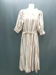 ◇ ◎ axes femme ストライプ柄 レース襟 ボリューム袖 五分丈 ロング ワンピース サイズM ホワイト ブラウン レディース E  【1307040051054】