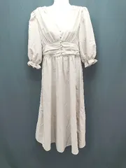 ◇ fifth フィフス Vネック 綺麗め シンプル フレア 七分袖 ロング丈 ワンピース サイズM ベージュ レディース E  【1307040052532】