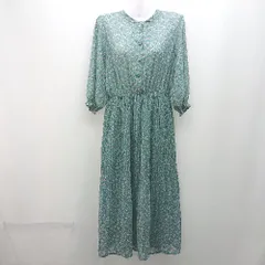 ◇ ray cassin 小花柄 プリーツ スタンドカラー ガーリー 七分袖 ロング丈 ワンピース サイズFREE グリーン レディース E  【1307040053423】