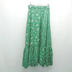 ◇ earth music&ecology ウエストゴム ギャザー 薄手 花柄 裏地 膝丈 フレア スカート サイズF グリーン レディース E  【1307040057292】
