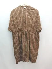 ◇ MOUSSY マウジー ストライプ柄 スタンドカラー シャツ 半袖 膝丈 ワンピース サイズF ブラウン系 レディース E  【1307040064054】