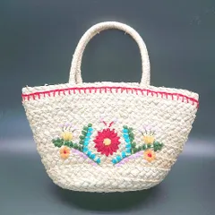 ◇ ROOTOTE ルートート 刺繡 花柄 夏物 大人可愛い ポケット かごバッグ ベージュ レディース E  【1307040067086】