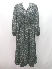 ◇ earth music & ecology 花柄 ウエストゴム フロントボタン 長袖 ロング ワンピース サイズFREE ブラック レディース E  【1307040083673】