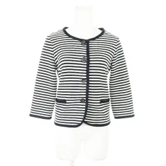 ナチュラルビューティーベーシック NATURAL BEAUTY BASIC ジャケット ノーカラー 七分袖 ストレッチ ジャージー素材 カジュアル ボーダー 総柄 S 紺 ネイビー /AO2
