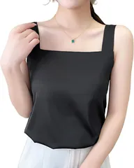 CALM.st サテン キャミソール レディース インナー スクエアネック 肩紐隠し タンクトップ 重ね着 (ブラック,  M)