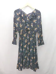 ◇ lowrys farm ガーリー フリル 花柄 キュート Ⅴネック 長袖 ロング丈 ワンピース サイズL ブラック レディース E  【1307120001276】