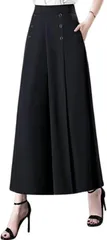 CALM.st ワイドパンツ レディース きれいめ ロング ガウチョ フレア スカーチョ 通年 韓国風 ハイウエスト 9分丈 (ブラック,  L)